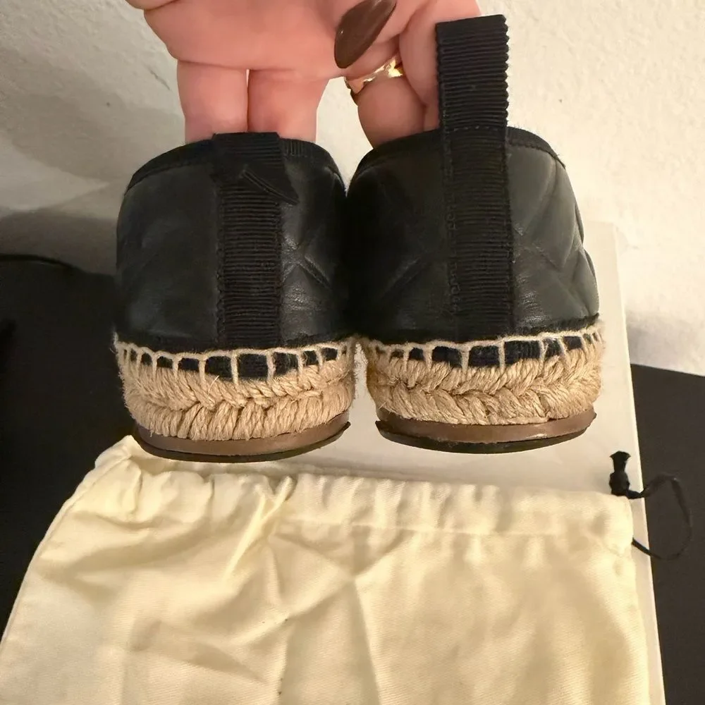 Fendi Black Leather FF Espadrille Flats Logo Jute Sole Size 36